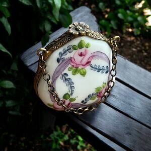 Authentic Limoges Purse Shape W/ Chain Trinket Box, Engagement Ring Box, Floral